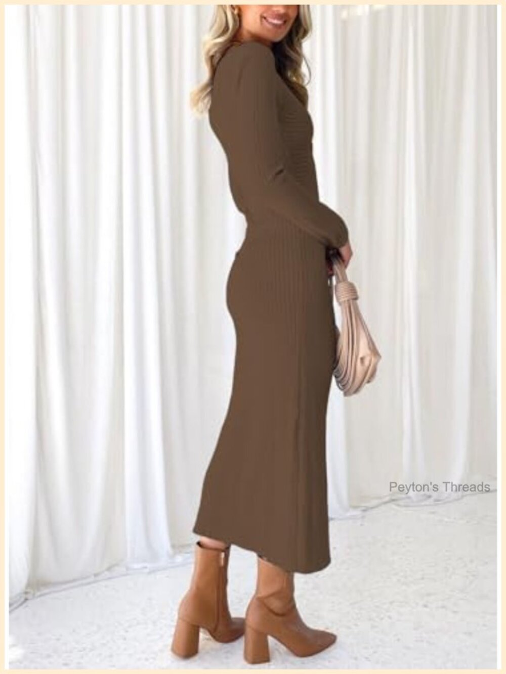 Women's Sweater Dress Long Sleeve V Neck Ribbed Knit Bodycon Midi - Picture 4 of 5